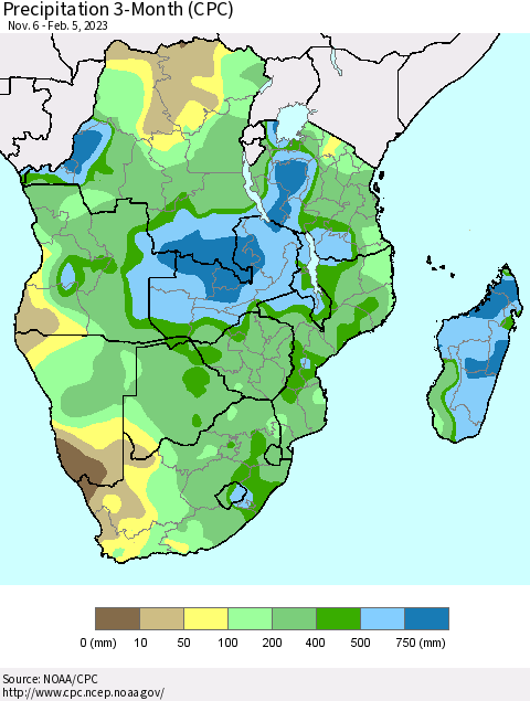 Southern Africa Precipitation 3-Month (CPC) Thematic Map For 11/6/2022 - 2/5/2023