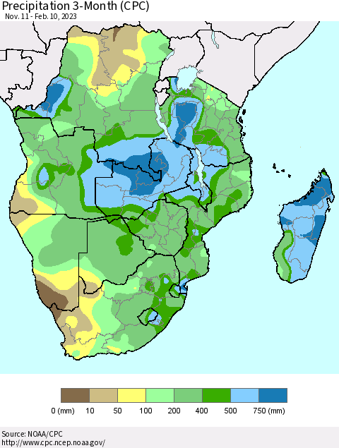 Southern Africa Precipitation 3-Month (CPC) Thematic Map For 11/11/2022 - 2/10/2023