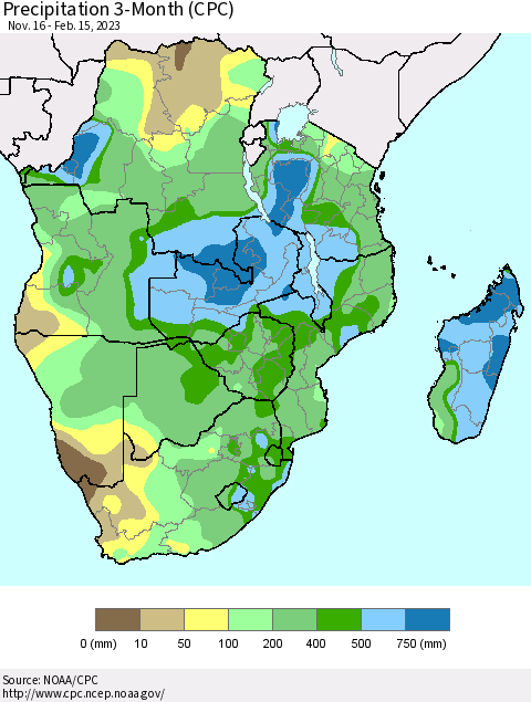 Southern Africa Precipitation 3-Month (CPC) Thematic Map For 11/16/2022 - 2/15/2023