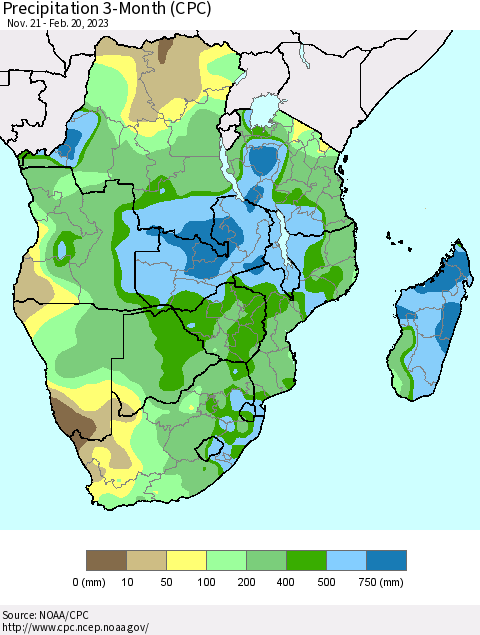 Southern Africa Precipitation 3-Month (CPC) Thematic Map For 11/21/2022 - 2/20/2023