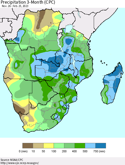 Southern Africa Precipitation 3-Month (CPC) Thematic Map For 11/26/2022 - 2/25/2023