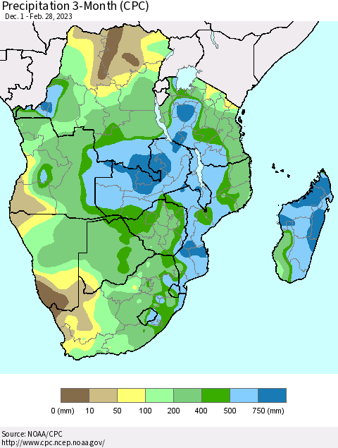 Southern Africa Precipitation 3-Month (CPC) Thematic Map For 12/1/2022 - 2/28/2023