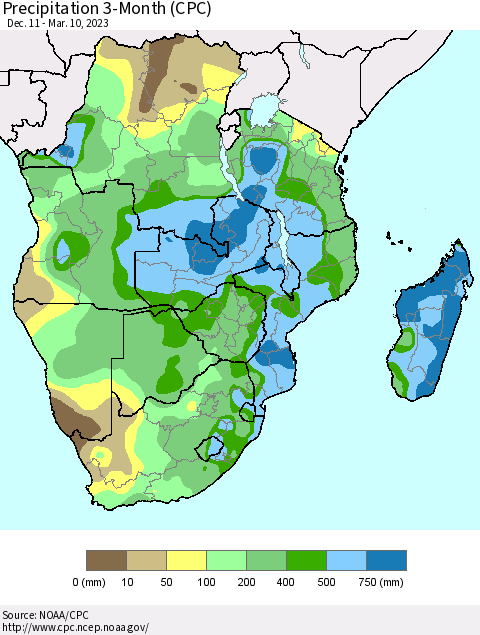 Southern Africa Precipitation 3-Month (CPC) Thematic Map For 12/11/2022 - 3/10/2023