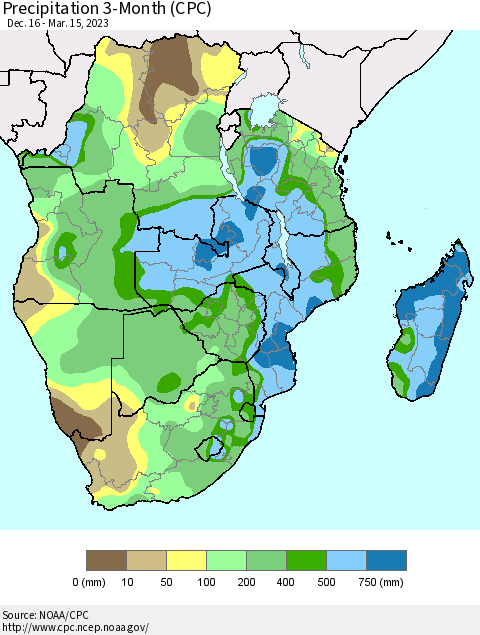 Southern Africa Precipitation 3-Month (CPC) Thematic Map For 12/16/2022 - 3/15/2023
