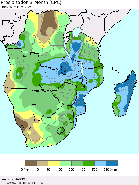 Southern Africa Precipitation 3-Month (CPC) Thematic Map For 12/26/2022 - 3/25/2023