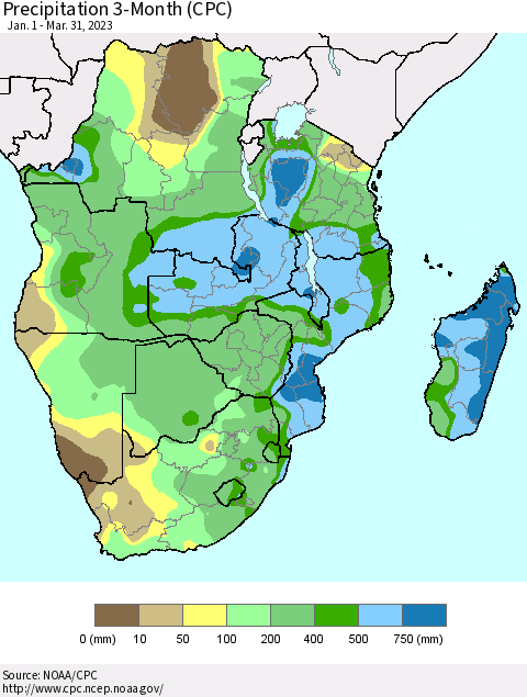 Southern Africa Precipitation 3-Month (CPC) Thematic Map For 1/1/2023 - 3/31/2023
