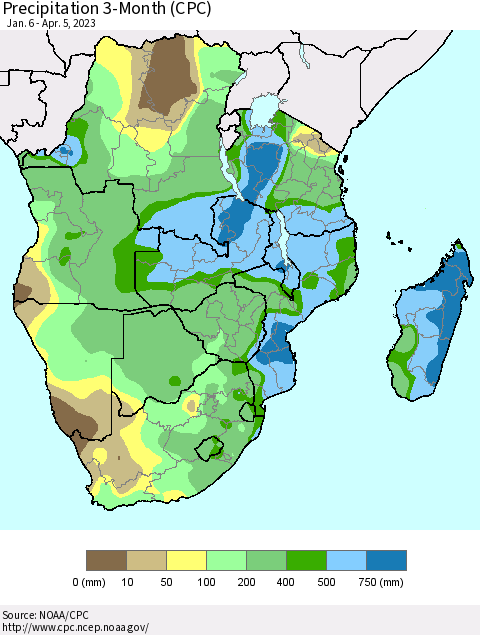 Southern Africa Precipitation 3-Month (CPC) Thematic Map For 1/6/2023 - 4/5/2023