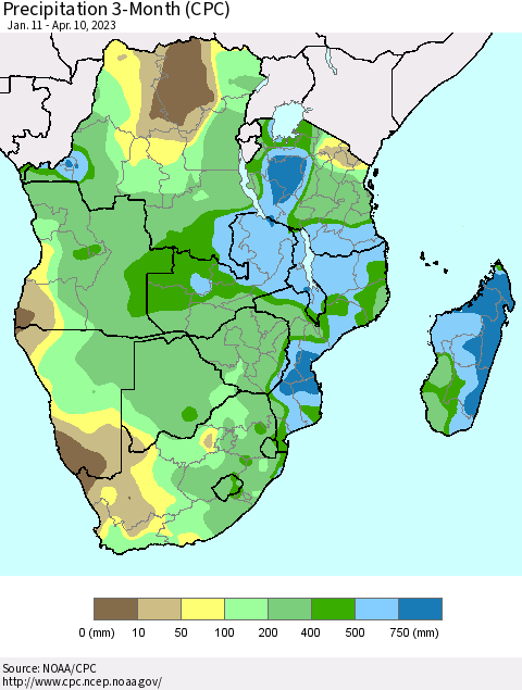 Southern Africa Precipitation 3-Month (CPC) Thematic Map For 1/11/2023 - 4/10/2023
