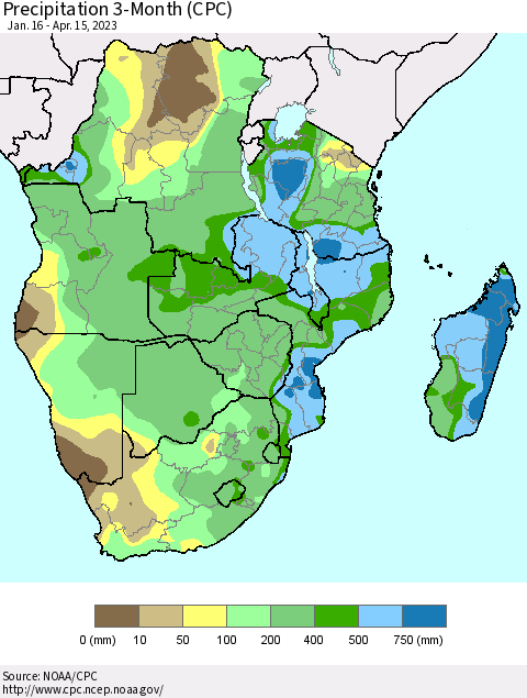 Southern Africa Precipitation 3-Month (CPC) Thematic Map For 1/16/2023 - 4/15/2023
