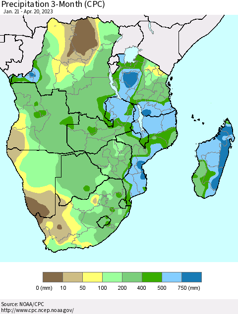 Southern Africa Precipitation 3-Month (CPC) Thematic Map For 1/21/2023 - 4/20/2023