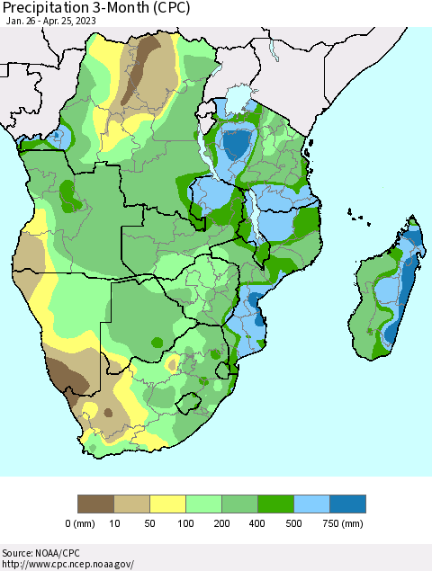 Southern Africa Precipitation 3-Month (CPC) Thematic Map For 1/26/2023 - 4/25/2023