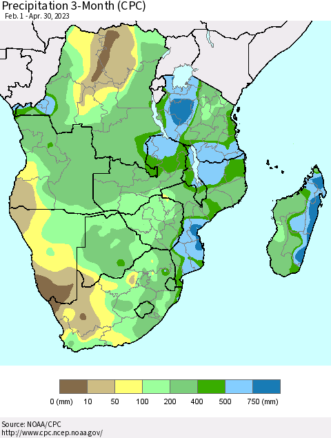 Southern Africa Precipitation 3-Month (CPC) Thematic Map For 2/1/2023 - 4/30/2023