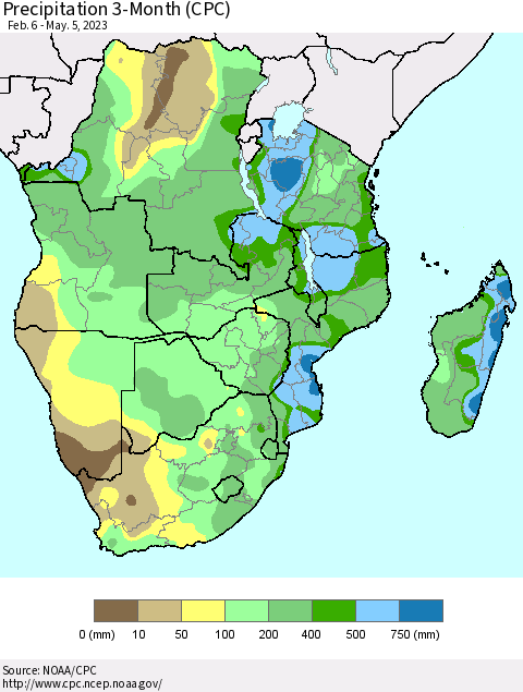 Southern Africa Precipitation 3-Month (CPC) Thematic Map For 2/6/2023 - 5/5/2023