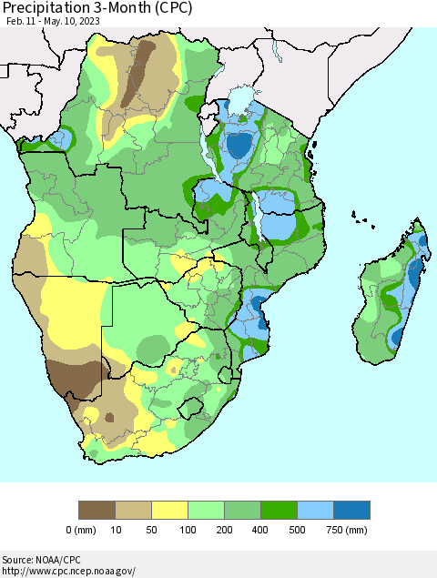 Southern Africa Precipitation 3-Month (CPC) Thematic Map For 2/11/2023 - 5/10/2023
