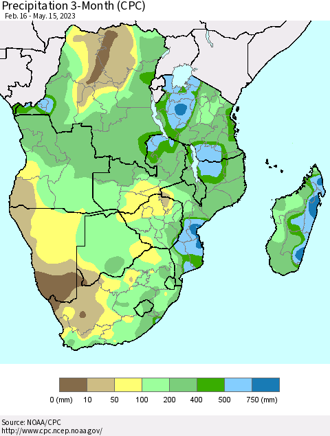Southern Africa Precipitation 3-Month (CPC) Thematic Map For 2/16/2023 - 5/15/2023