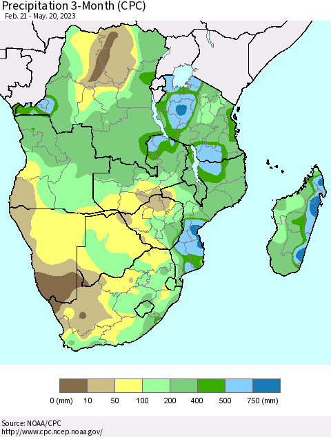 Southern Africa Precipitation 3-Month (CPC) Thematic Map For 2/21/2023 - 5/20/2023