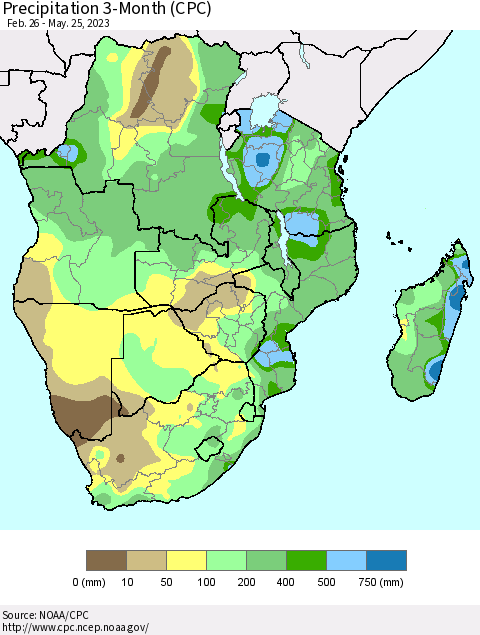 Southern Africa Precipitation 3-Month (CPC) Thematic Map For 2/26/2023 - 5/25/2023