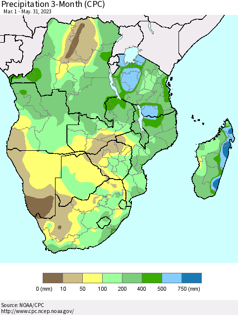 Southern Africa Precipitation 3-Month (CPC) Thematic Map For 3/1/2023 - 5/31/2023