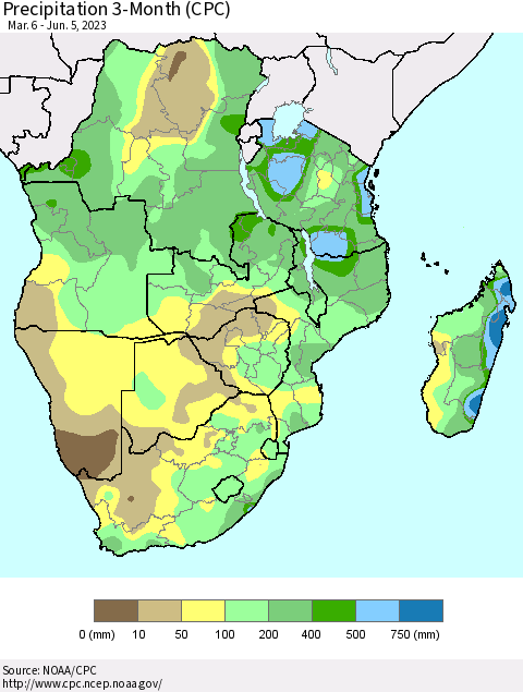 Southern Africa Precipitation 3-Month (CPC) Thematic Map For 3/6/2023 - 6/5/2023