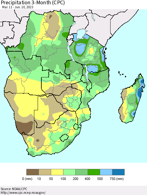 Southern Africa Precipitation 3-Month (CPC) Thematic Map For 3/11/2023 - 6/10/2023