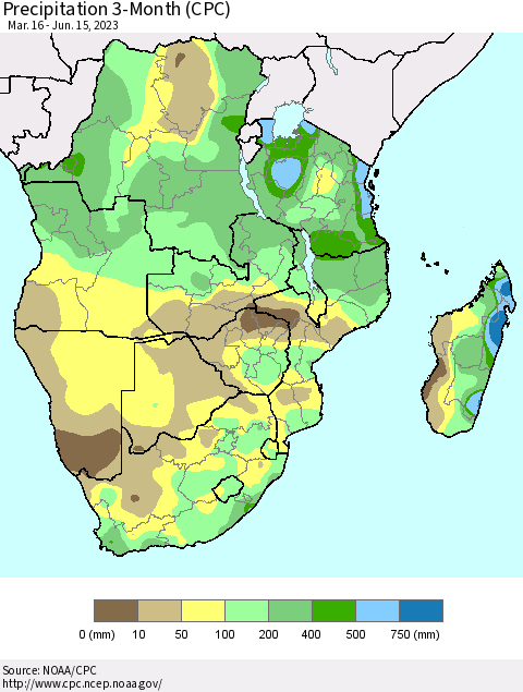 Southern Africa Precipitation 3-Month (CPC) Thematic Map For 3/16/2023 - 6/15/2023