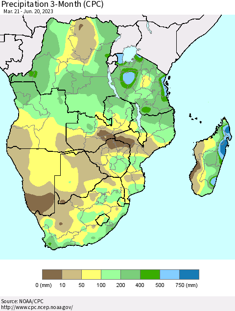 Southern Africa Precipitation 3-Month (CPC) Thematic Map For 3/21/2023 - 6/20/2023