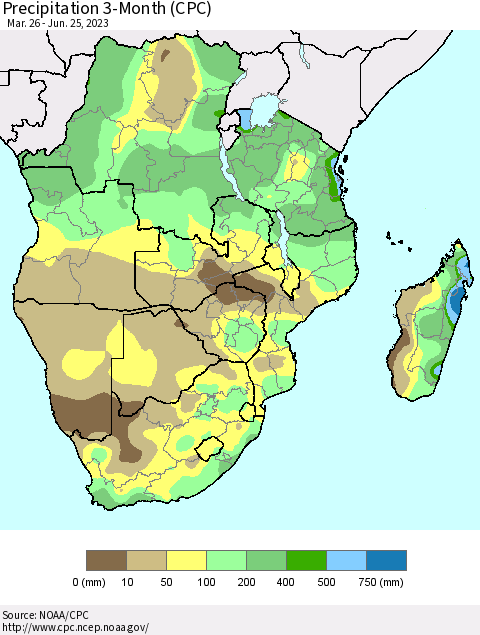Southern Africa Precipitation 3-Month (CPC) Thematic Map For 3/26/2023 - 6/25/2023