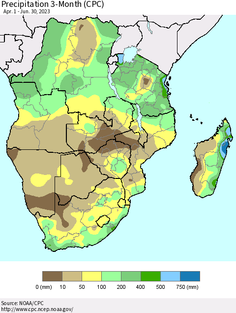 Southern Africa Precipitation 3-Month (CPC) Thematic Map For 4/1/2023 - 6/30/2023