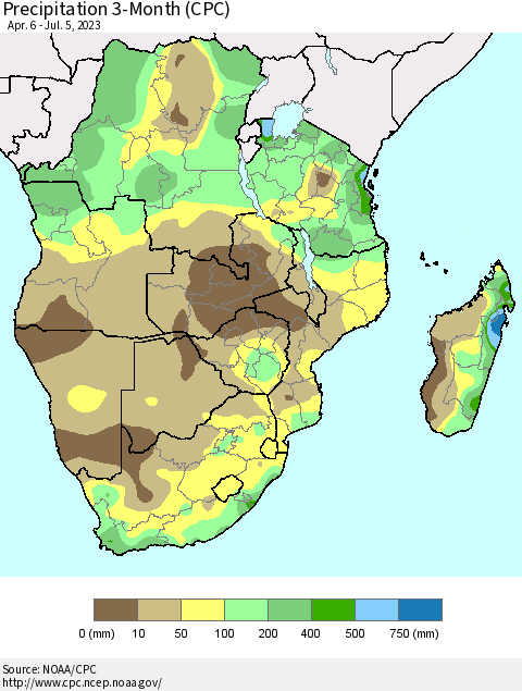 Southern Africa Precipitation 3-Month (CPC) Thematic Map For 4/6/2023 - 7/5/2023