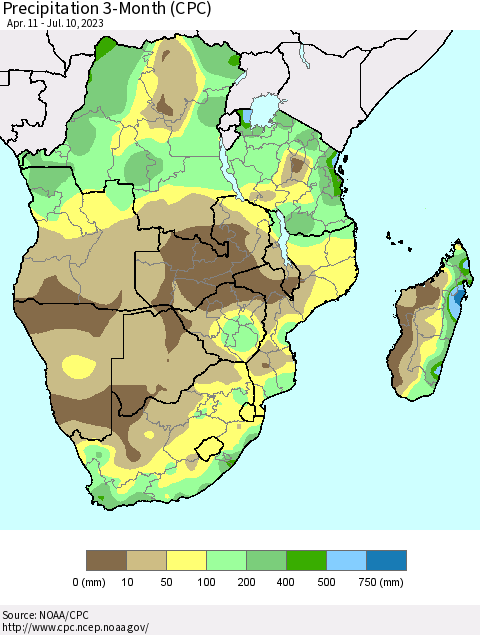 Southern Africa Precipitation 3-Month (CPC) Thematic Map For 4/11/2023 - 7/10/2023