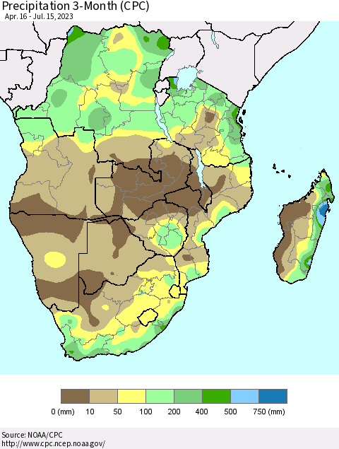 Southern Africa Precipitation 3-Month (CPC) Thematic Map For 4/16/2023 - 7/15/2023