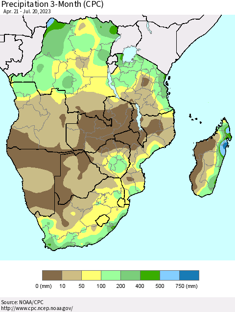 Southern Africa Precipitation 3-Month (CPC) Thematic Map For 4/21/2023 - 7/20/2023