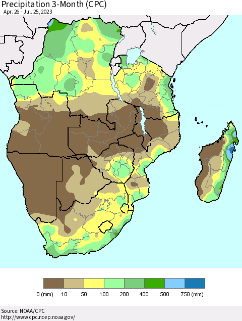 Southern Africa Precipitation 3-Month (CPC) Thematic Map For 4/26/2023 - 7/25/2023