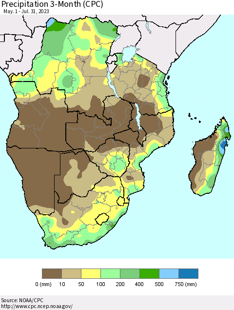 Southern Africa Precipitation 3-Month (CPC) Thematic Map For 5/1/2023 - 7/31/2023
