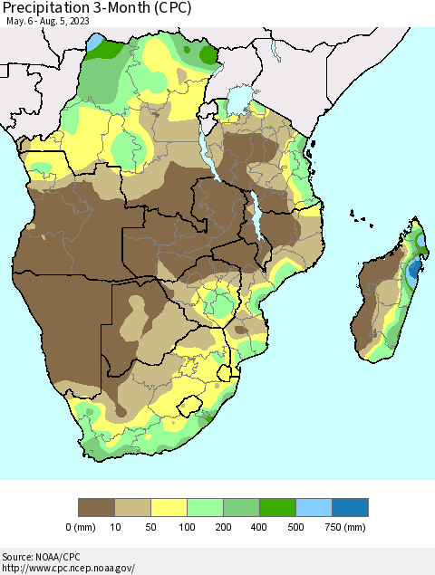 Southern Africa Precipitation 3-Month (CPC) Thematic Map For 5/6/2023 - 8/5/2023