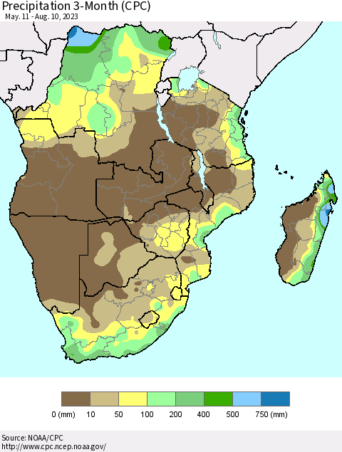 Southern Africa Precipitation 3-Month (CPC) Thematic Map For 5/11/2023 - 8/10/2023