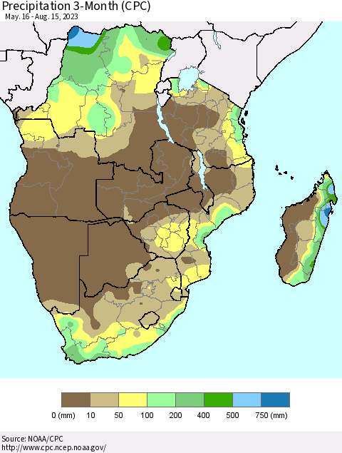 Southern Africa Precipitation 3-Month (CPC) Thematic Map For 5/16/2023 - 8/15/2023
