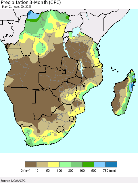 Southern Africa Precipitation 3-Month (CPC) Thematic Map For 5/21/2023 - 8/20/2023