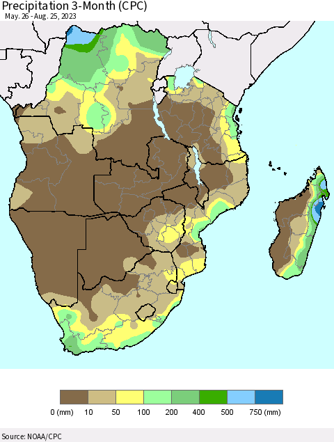 Southern Africa Precipitation 3-Month (CPC) Thematic Map For 5/26/2023 - 8/25/2023