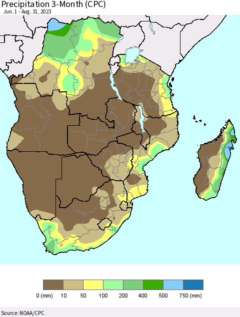 Southern Africa Precipitation 3-Month (CPC) Thematic Map For 6/1/2023 - 8/31/2023