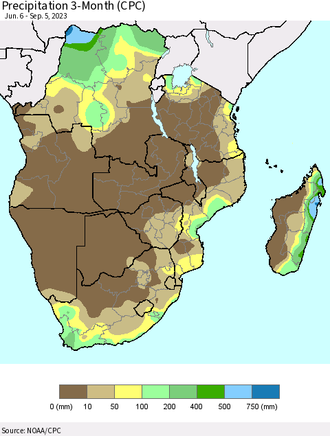 Southern Africa Precipitation 3-Month (CPC) Thematic Map For 6/6/2023 - 9/5/2023