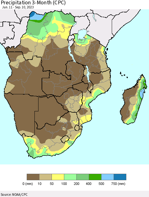 Southern Africa Precipitation 3-Month (CPC) Thematic Map For 6/11/2023 - 9/10/2023