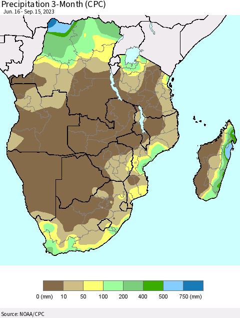 Southern Africa Precipitation 3-Month (CPC) Thematic Map For 6/16/2023 - 9/15/2023