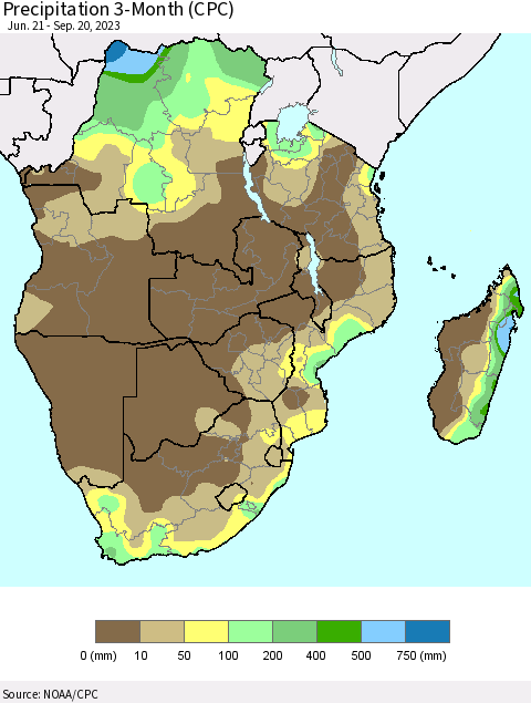 Southern Africa Precipitation 3-Month (CPC) Thematic Map For 6/21/2023 - 9/20/2023