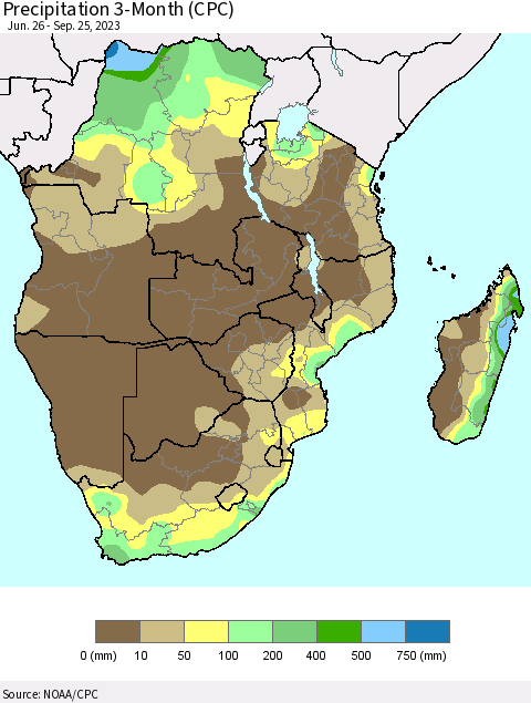 Southern Africa Precipitation 3-Month (CPC) Thematic Map For 6/26/2023 - 9/25/2023
