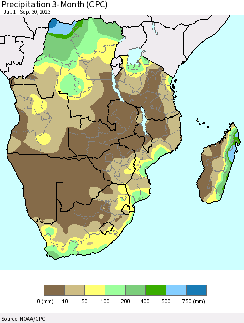 Southern Africa Precipitation 3-Month (CPC) Thematic Map For 7/1/2023 - 9/30/2023