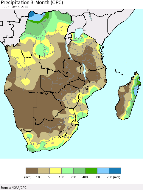 Southern Africa Precipitation 3-Month (CPC) Thematic Map For 7/6/2023 - 10/5/2023