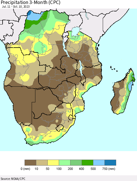 Southern Africa Precipitation 3-Month (CPC) Thematic Map For 7/11/2023 - 10/10/2023