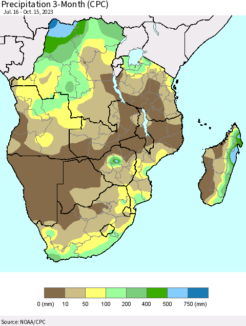 Southern Africa Precipitation 3-Month (CPC) Thematic Map For 7/16/2023 - 10/15/2023