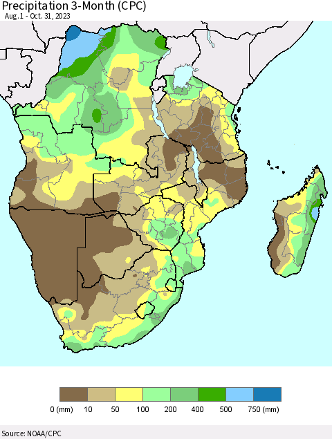Southern Africa Precipitation 3-Month (CPC) Thematic Map For 8/1/2023 - 10/31/2023